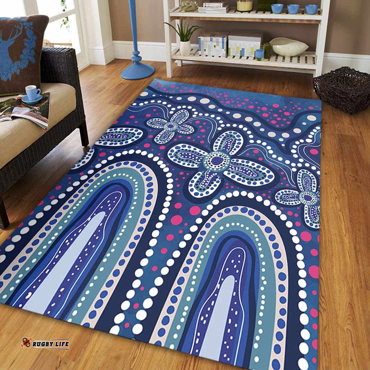 Australia Aboriginal Area Rug - Dot painting illustration in Aboriginal style Blue Area Rug