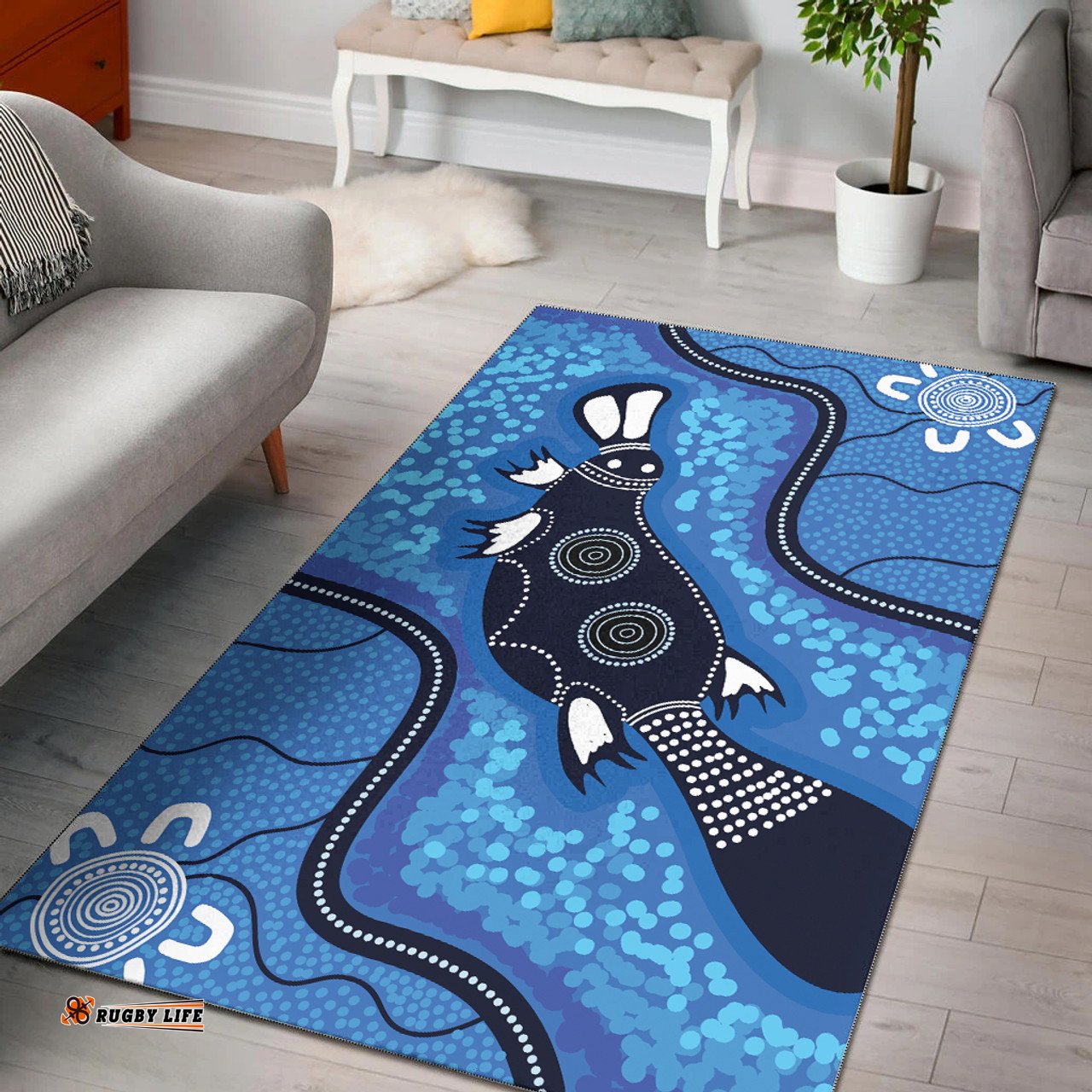 Australia Aboriginal Inspired Area Rug - Platypus art, Aboriginal Inspired blue dot art background