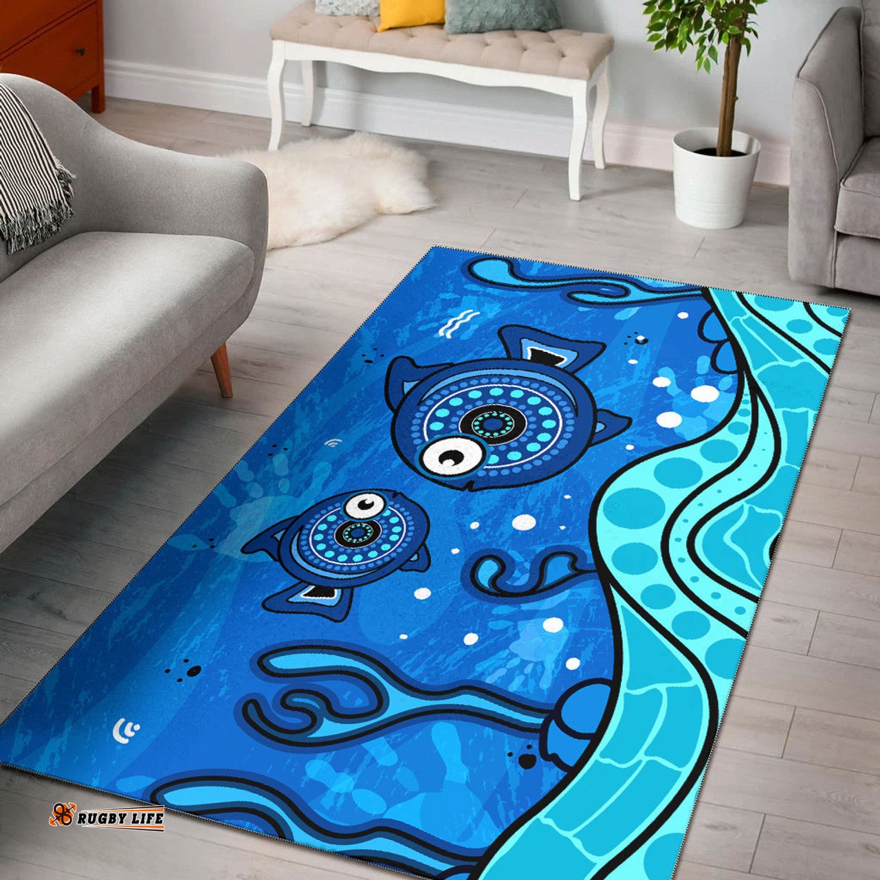 Australia Aboriginal Inspired Area Rug - Aboriginal Inspired dot art painting with fish underwater concept