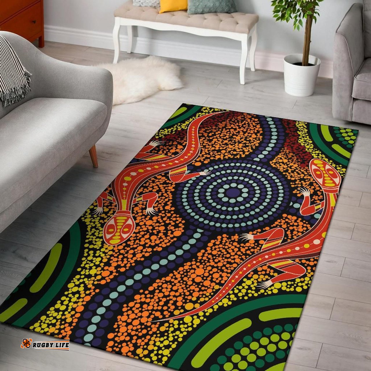 Australia Area Rug - Aboriginal Inspired Two Lizards Dot Painting Circle