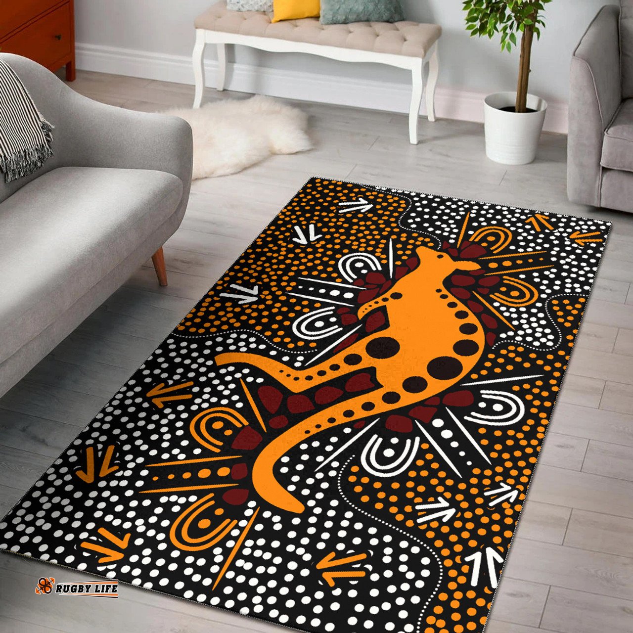 Australia Aboriginal Inspired Area Rug - Indigenous Aboriginal Inspired art background with kangaroo