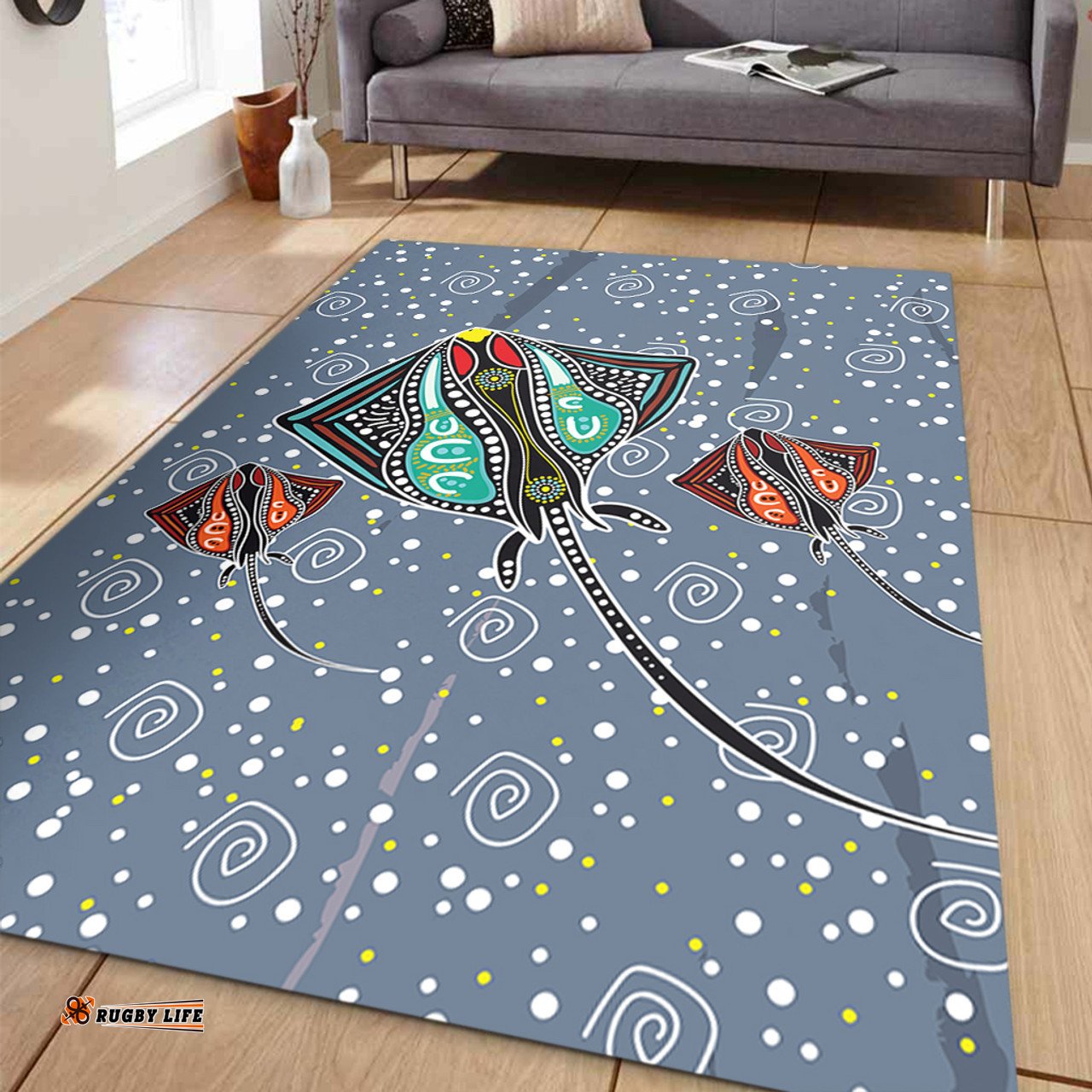 Australia Aboriginal Area Rug - Stingray Art In Aboriginal Dot Style Inspired Area Rug