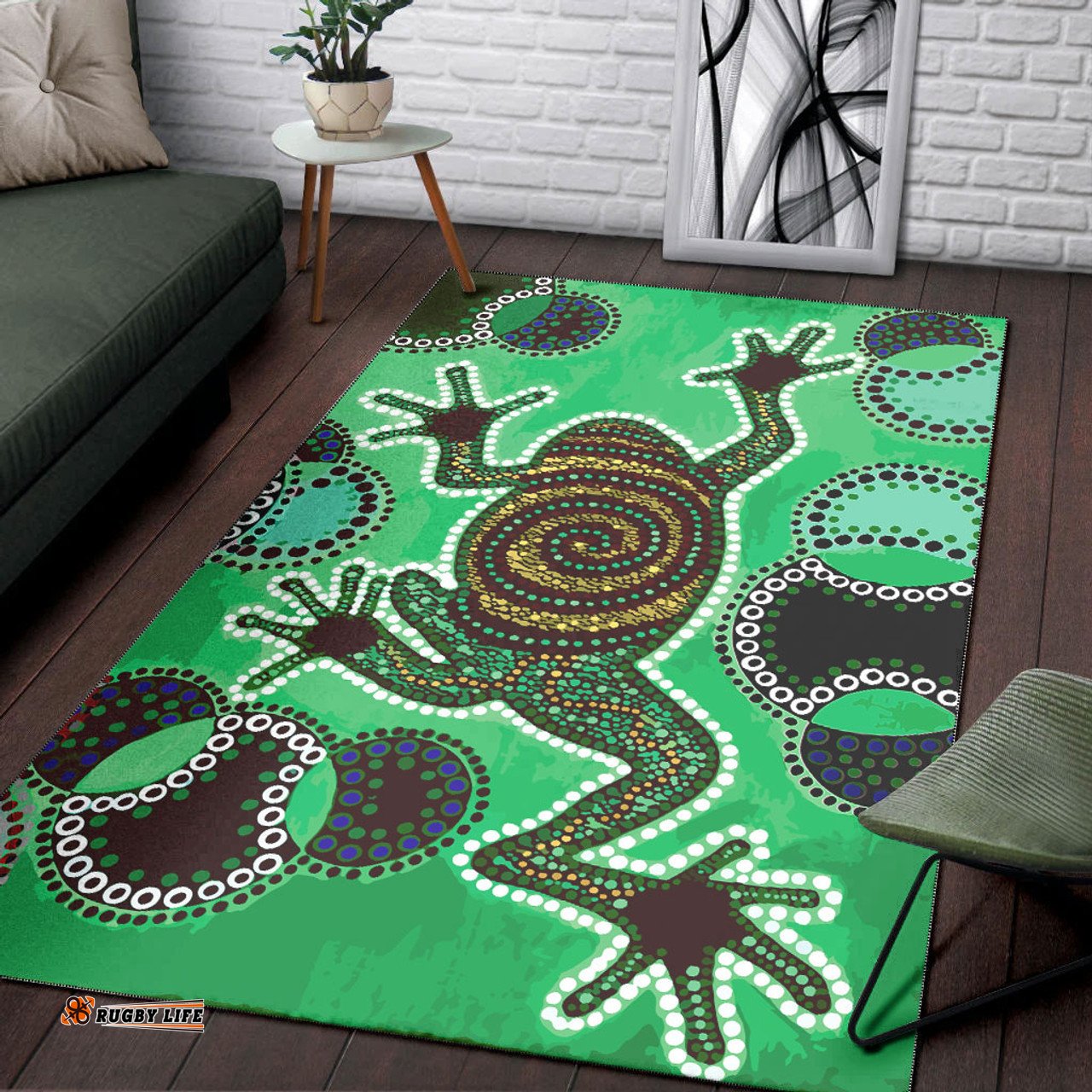 Australia Aboriginal Inspired Area Rug - Indigenous Green Frog Watercolor Dot Art Painting