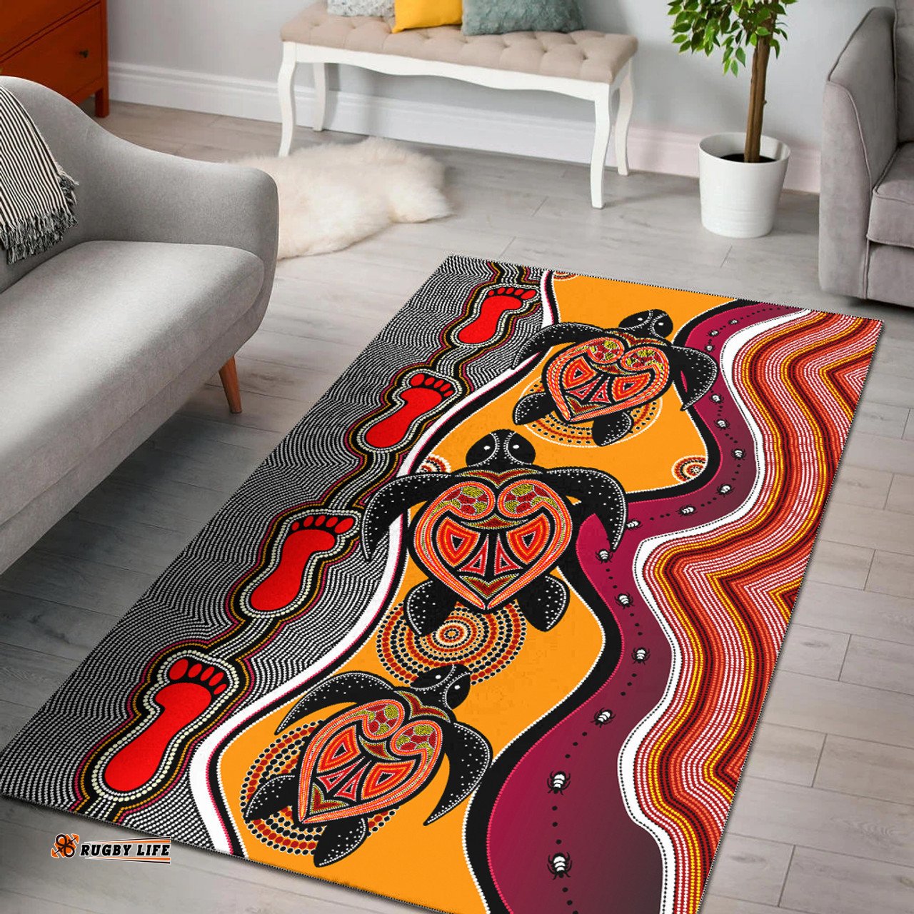 Australia Aboriginal Inspired Area Rug - Turtle And Foot Print Aboriginal Inspired Dot Painting Style