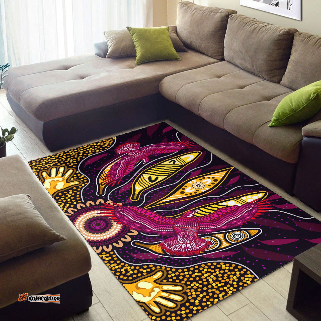 Australia Aboriginal Inspired Area Rug - Aboriginal Inspired gum leaf with indigenous Eagles painting
