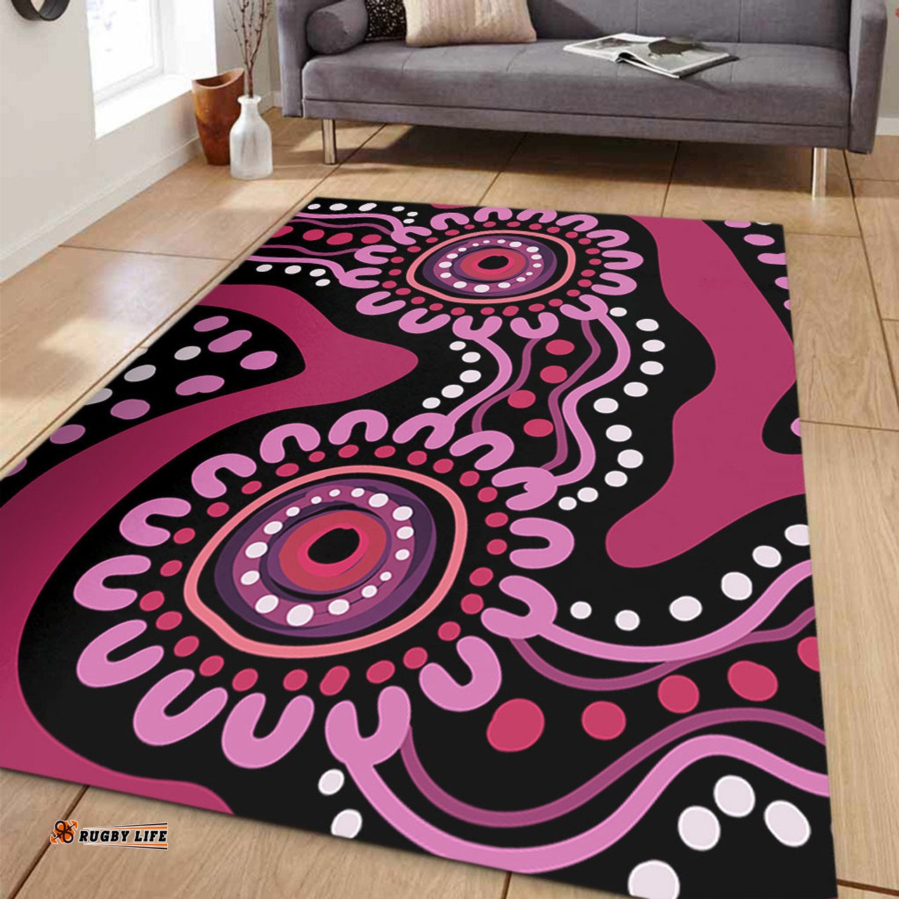 Australia Dot Painting Inspired Aboriginal Area Rug - Pink Flowers Aboriginal Dot Art Area Rug