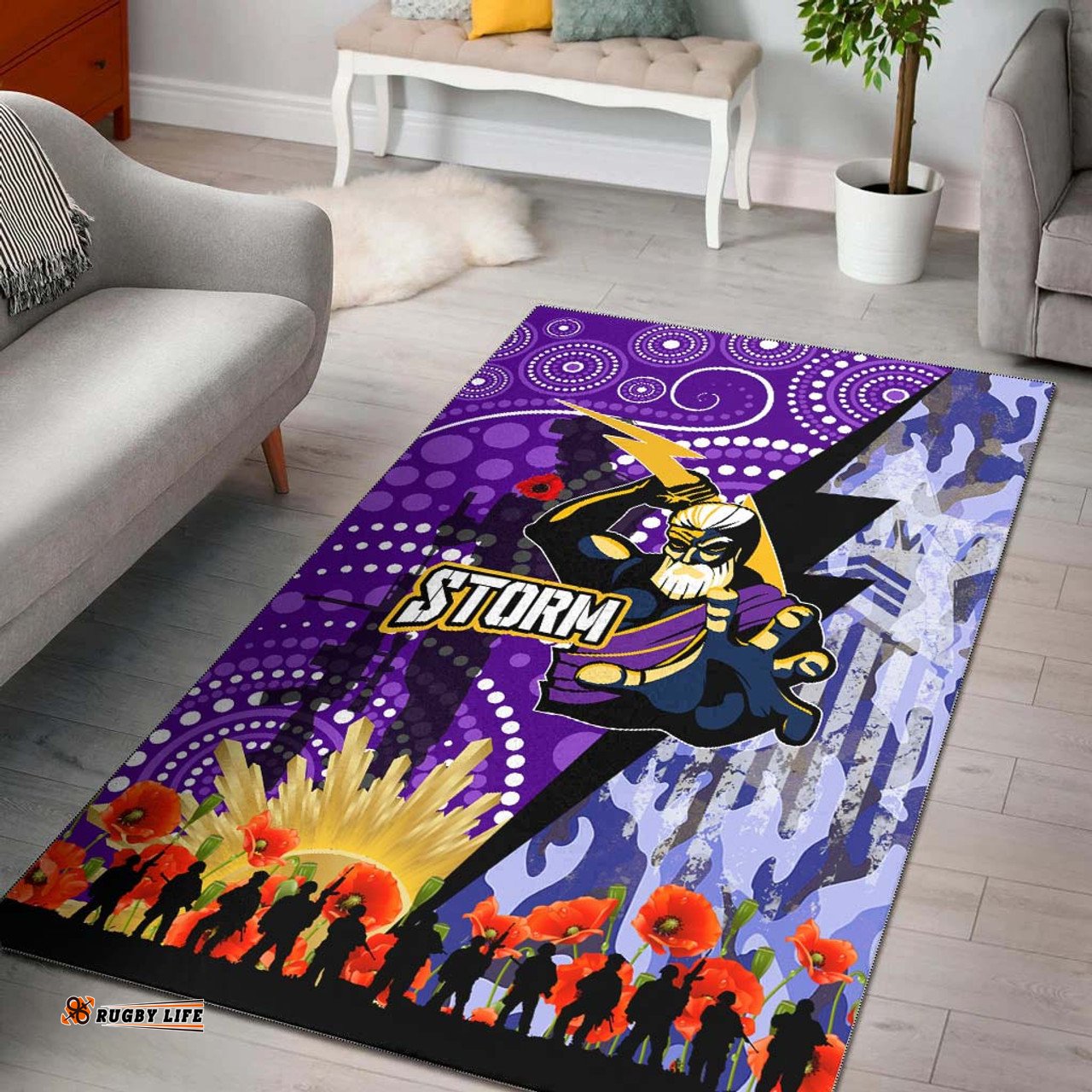 Melbourne Storm Anzac Aboriginal Inspired Area Rug - Melbourne Storm with Remembrance Day Poppy Flower Area Rug