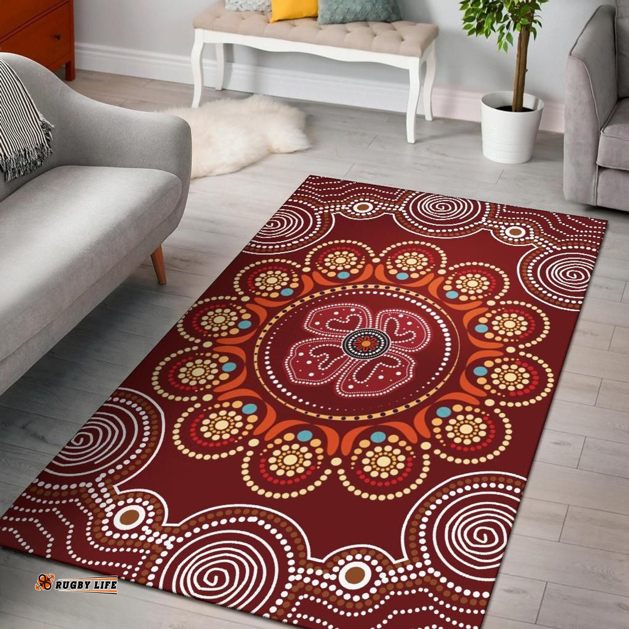 Australia Aboriginal Inspired Area Rug - Aboriginal Inspired Dot Art Painting With Red Poppy Flower