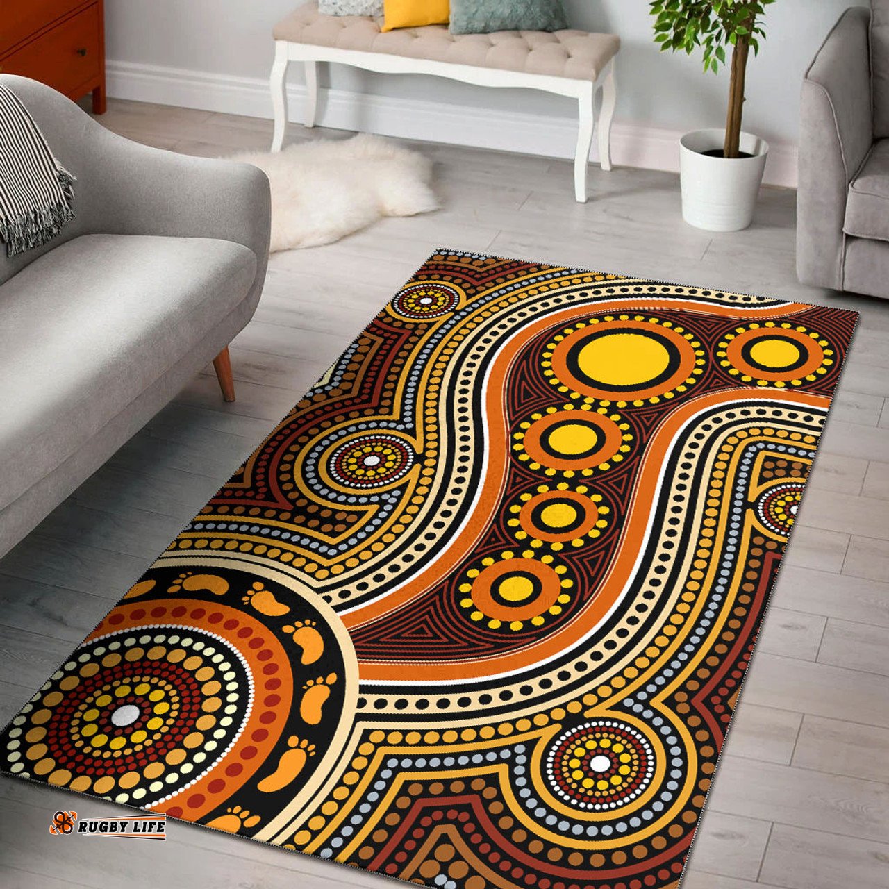 Australia Aboriginal Inspired Area Rug - Aboriginal Inspired Dot Art Connection With Footprints
