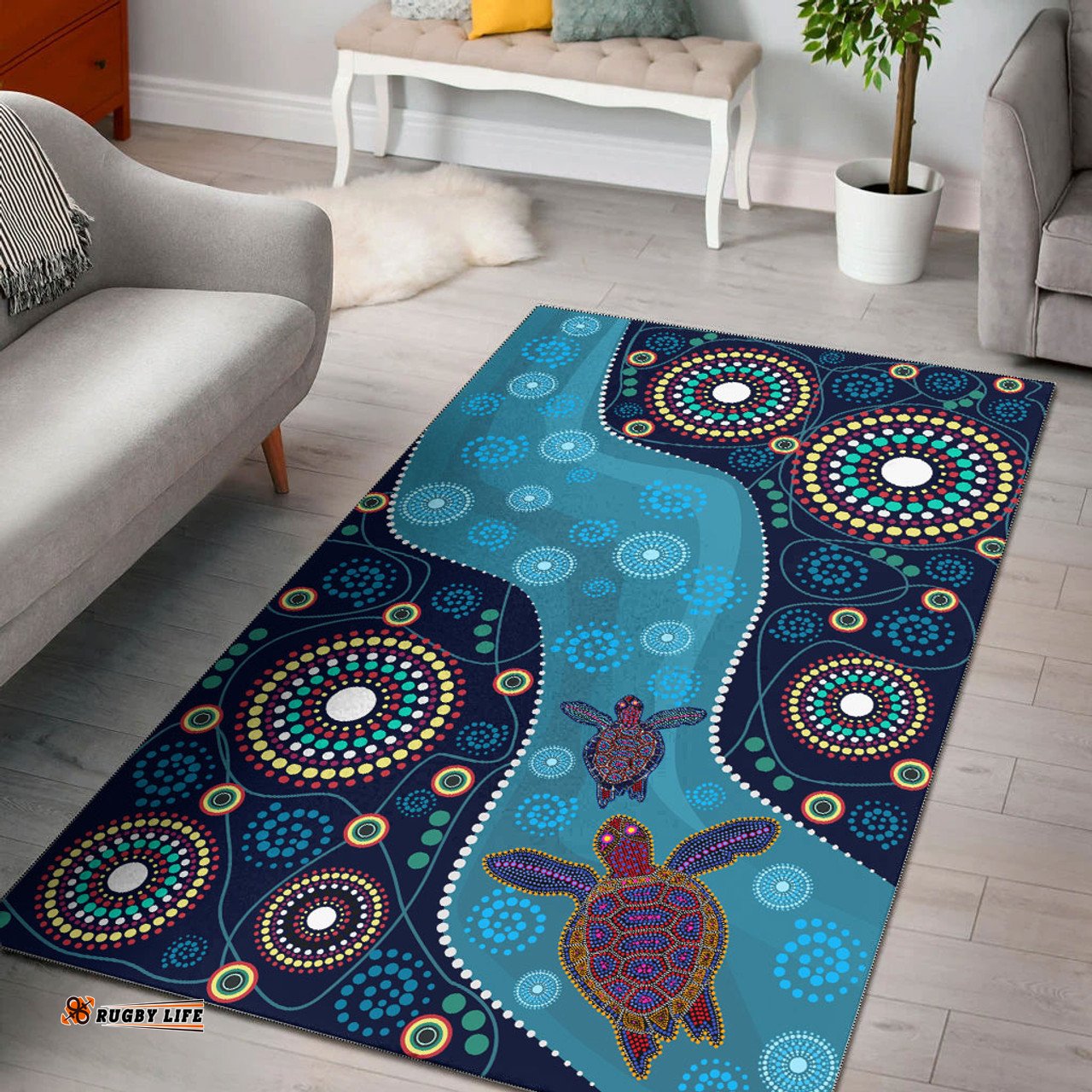 Australia Aboriginal Inspired Area Rug - Australia culture art with river and tortoise