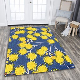 Australia Flowers Aboriginal Area Rug - Yellow Wattle Flowers With Aboriginal Dot Art Area Rug