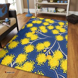 Australia Flowers Aboriginal Area Rug - Yellow Wattle Flowers With Aboriginal Dot Art Area Rug