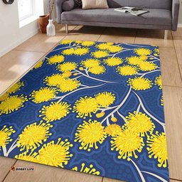 Australia Flowers Aboriginal Area Rug - Yellow Wattle Flowers With Aboriginal Dot Art Area Rug
