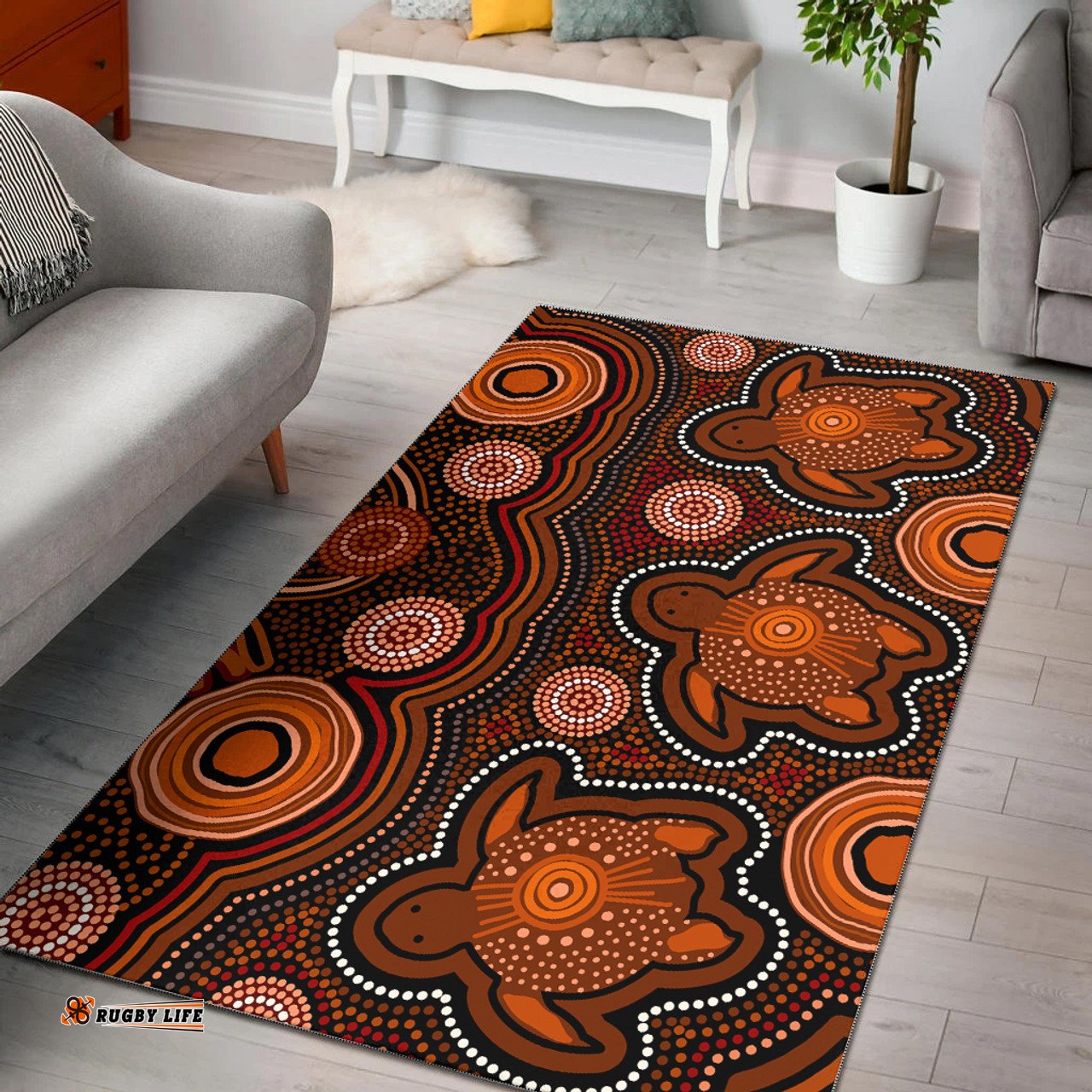 Australia Aboriginal Inspired Area Rug - Aboriginal Inspired dot brown painting with turtle