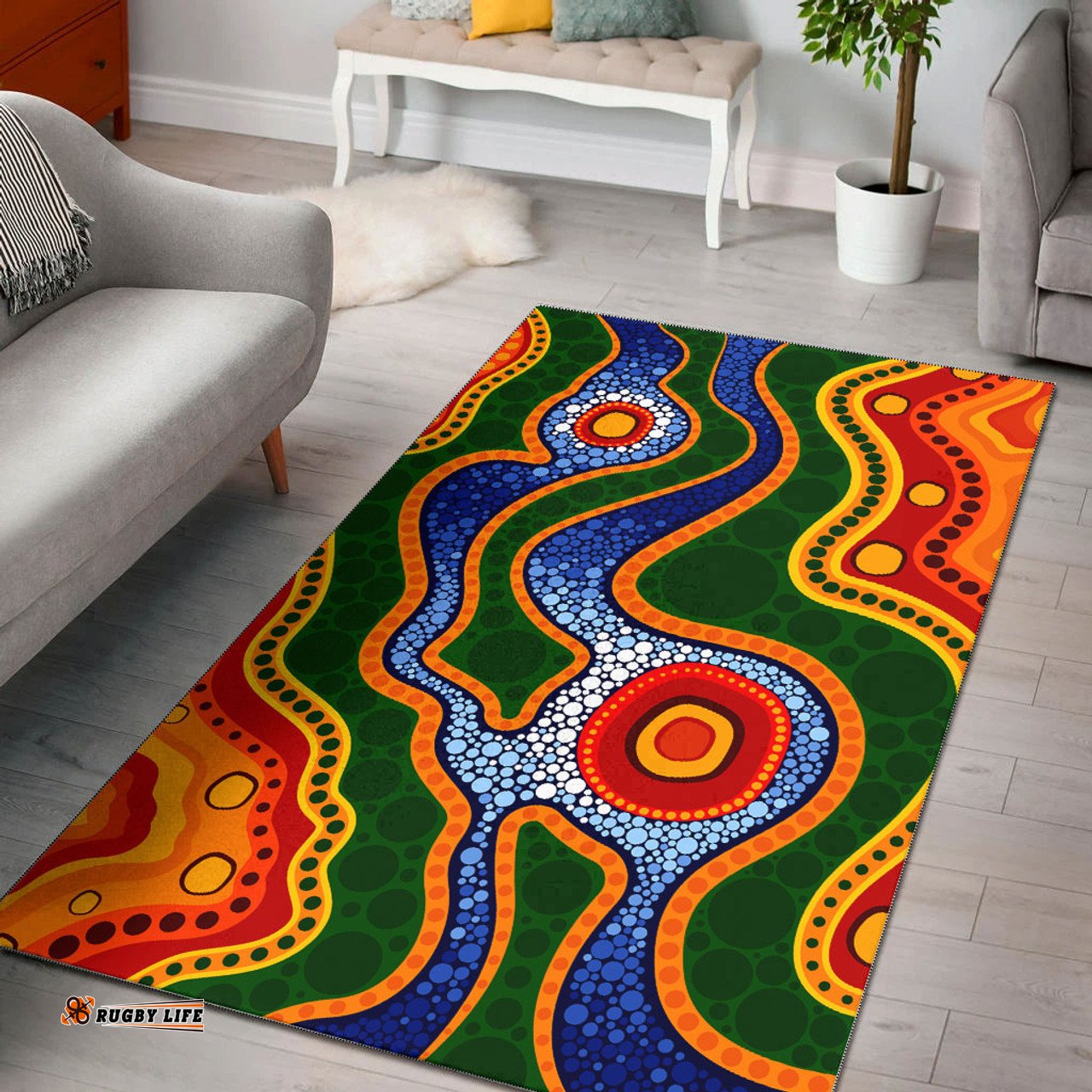 Australia Aboriginal Inspired Area Rug - Aboriginal Inspired dot art vector background with river