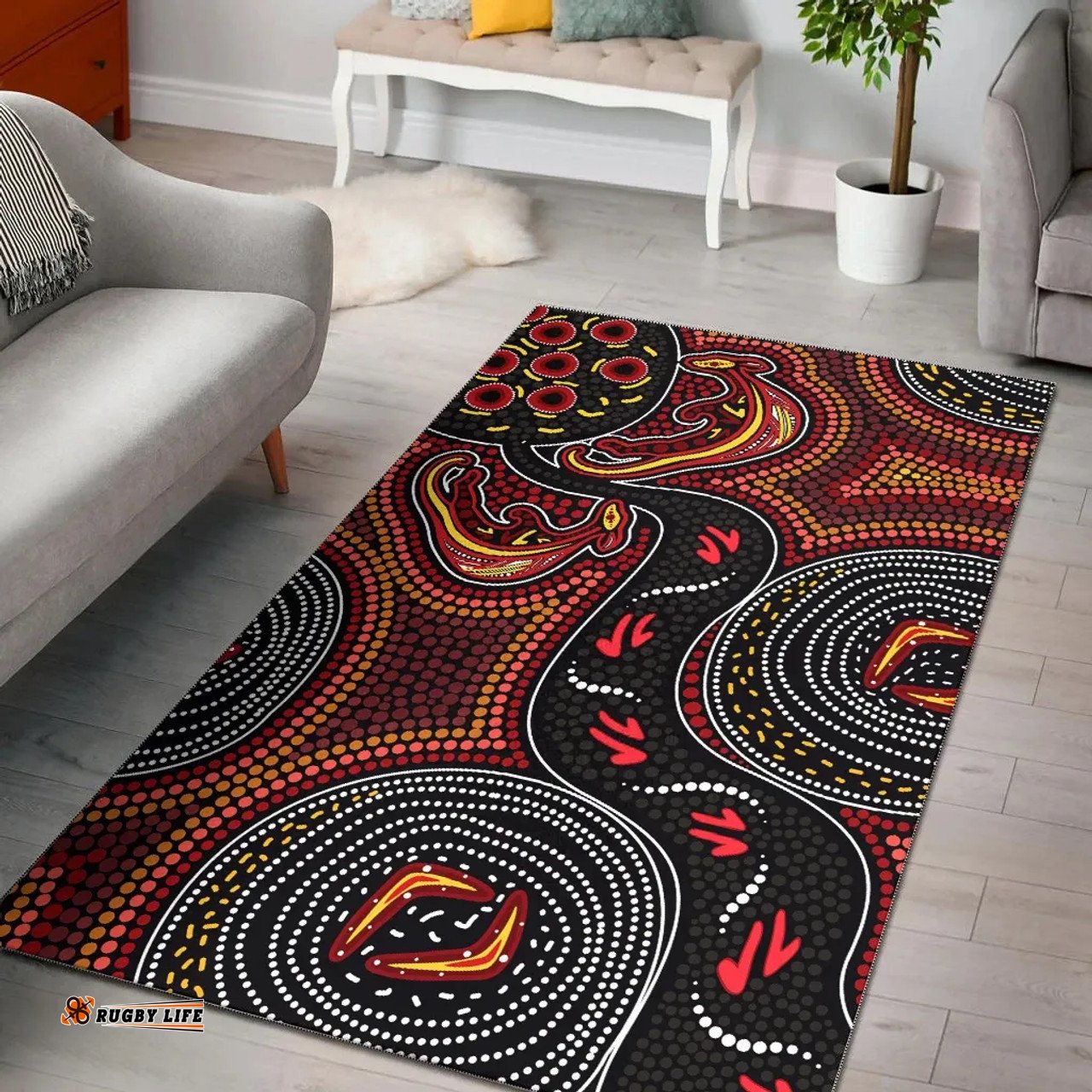 Australia Aboriginal Inspired Area Rug - Indigenous dot art kangaroo background