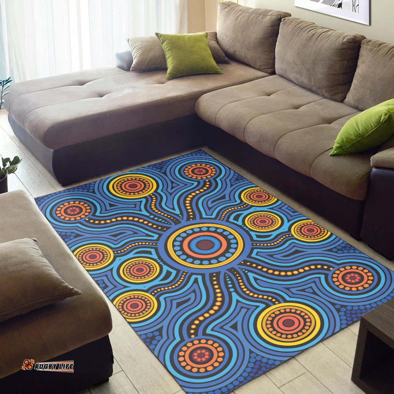 Australia Aboriginal Inspired Area Rug - Blue Aboriginal Connection Artwork