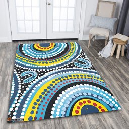 Australia Dot Painting Inspired Aboriginal Area Rug - Blue Aboriginal Style Dot Art Area Rug