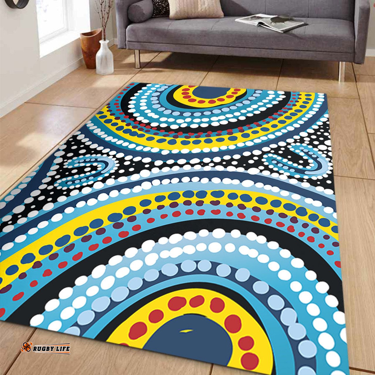 Australia Dot Painting Inspired Aboriginal Area Rug - Blue Aboriginal Style Dot Art Area Rug