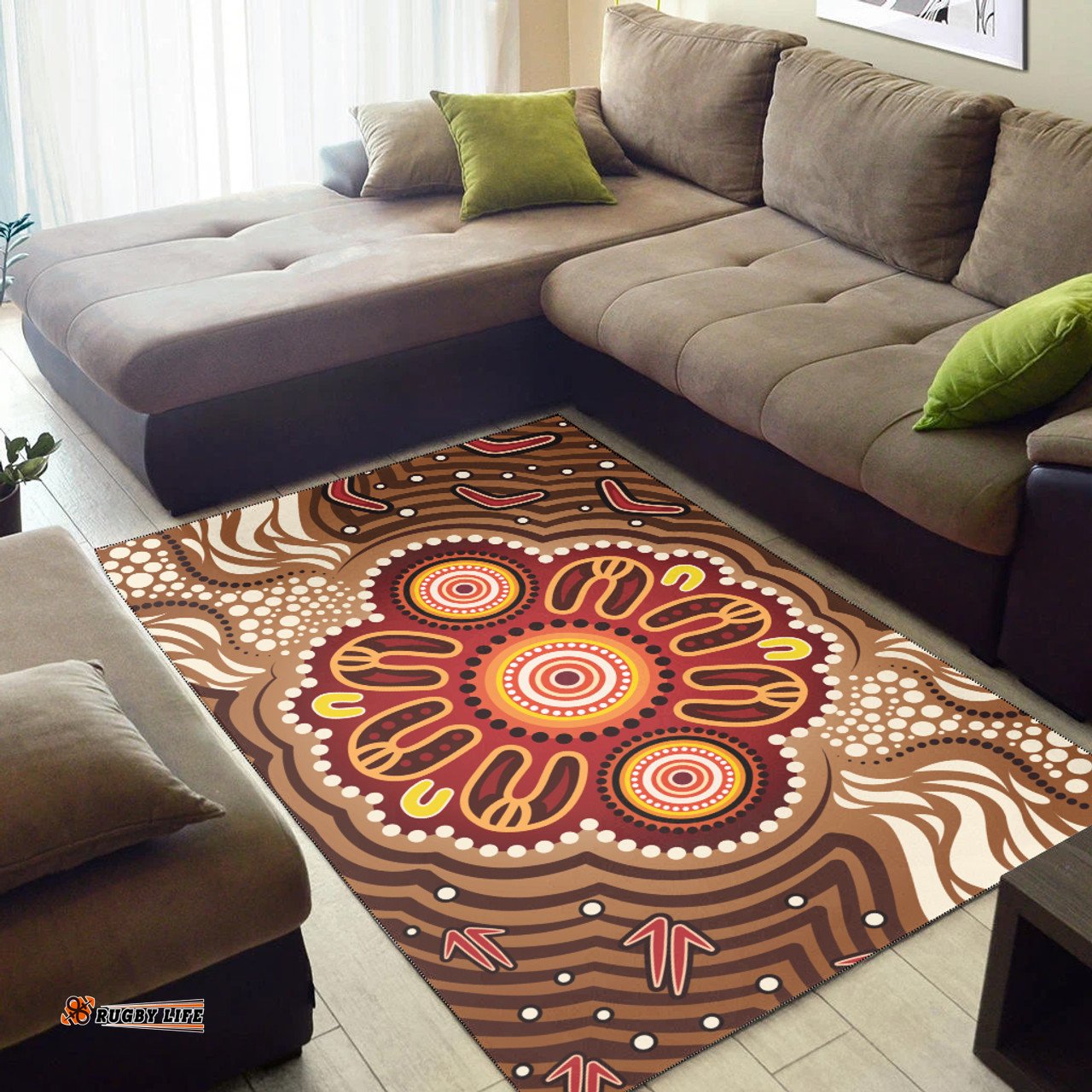 Australia Aboriginal Inspired Area Rug - Brown Boomerang Aboriginal Dot Artwork