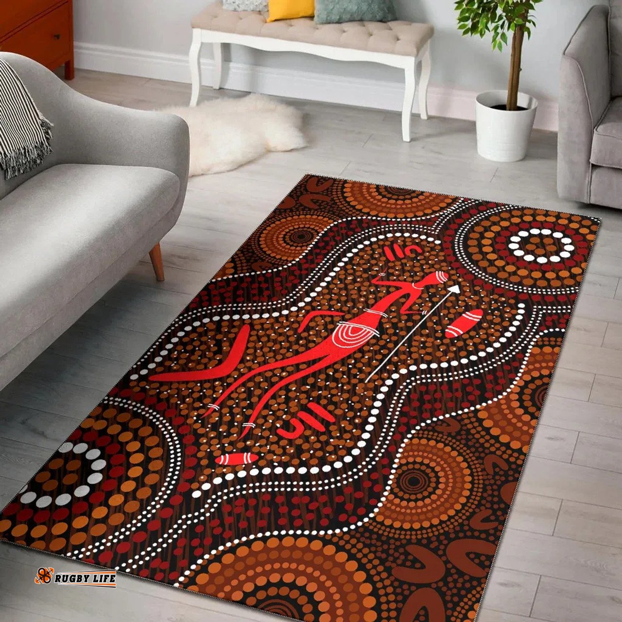 Australia Aboriginal Inspired Area Rug - Indigenous man with spear dot painting