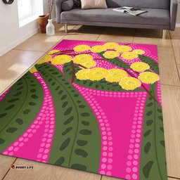 Australia Flowers Aboriginal Area Rug - Australian Yellow Wattle Flowers Painting In Aboriginal Dot Art Style Area Rug