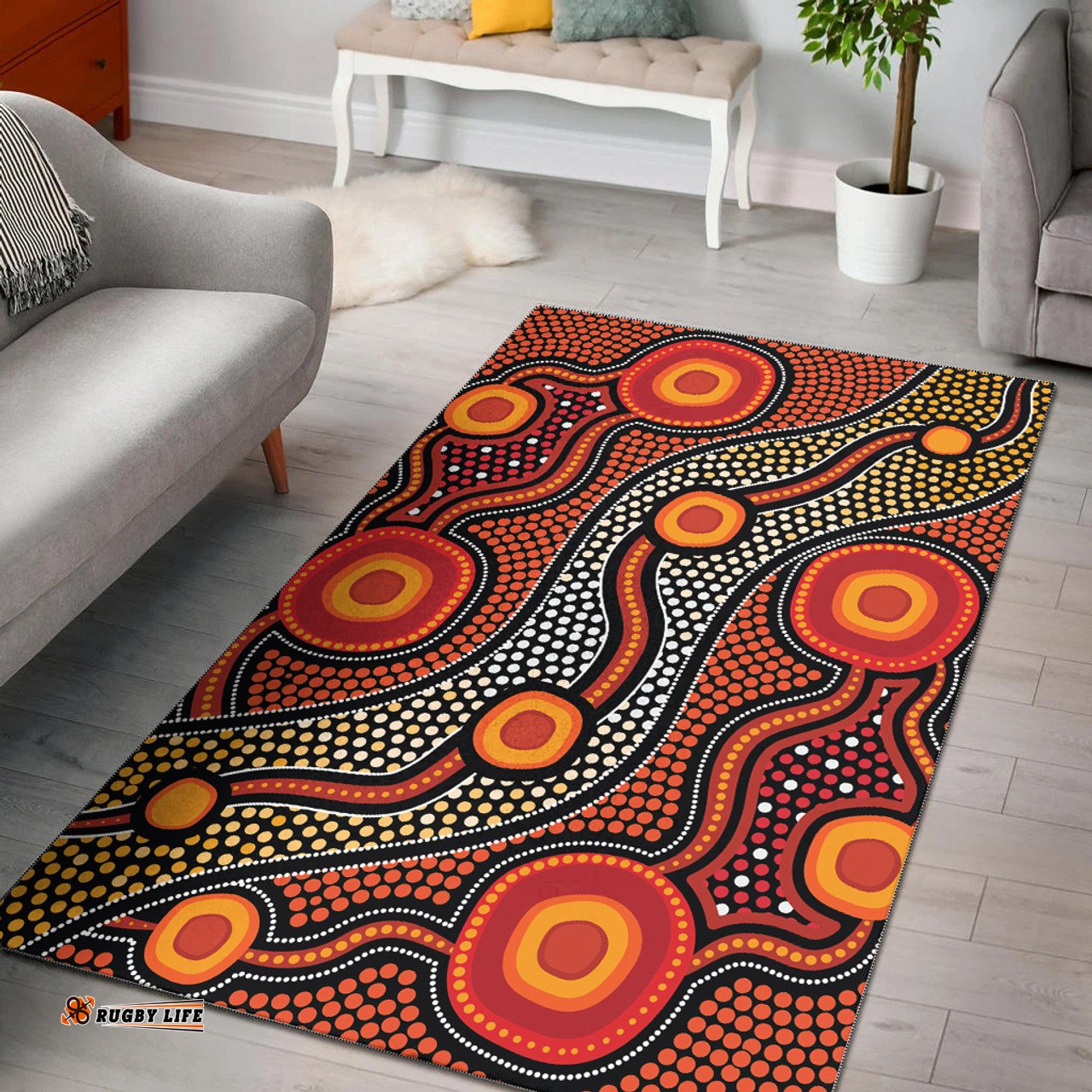 Australia Aboriginal Inspired Area Rug - Orange Aboiginal Inspired Dot Painting Style