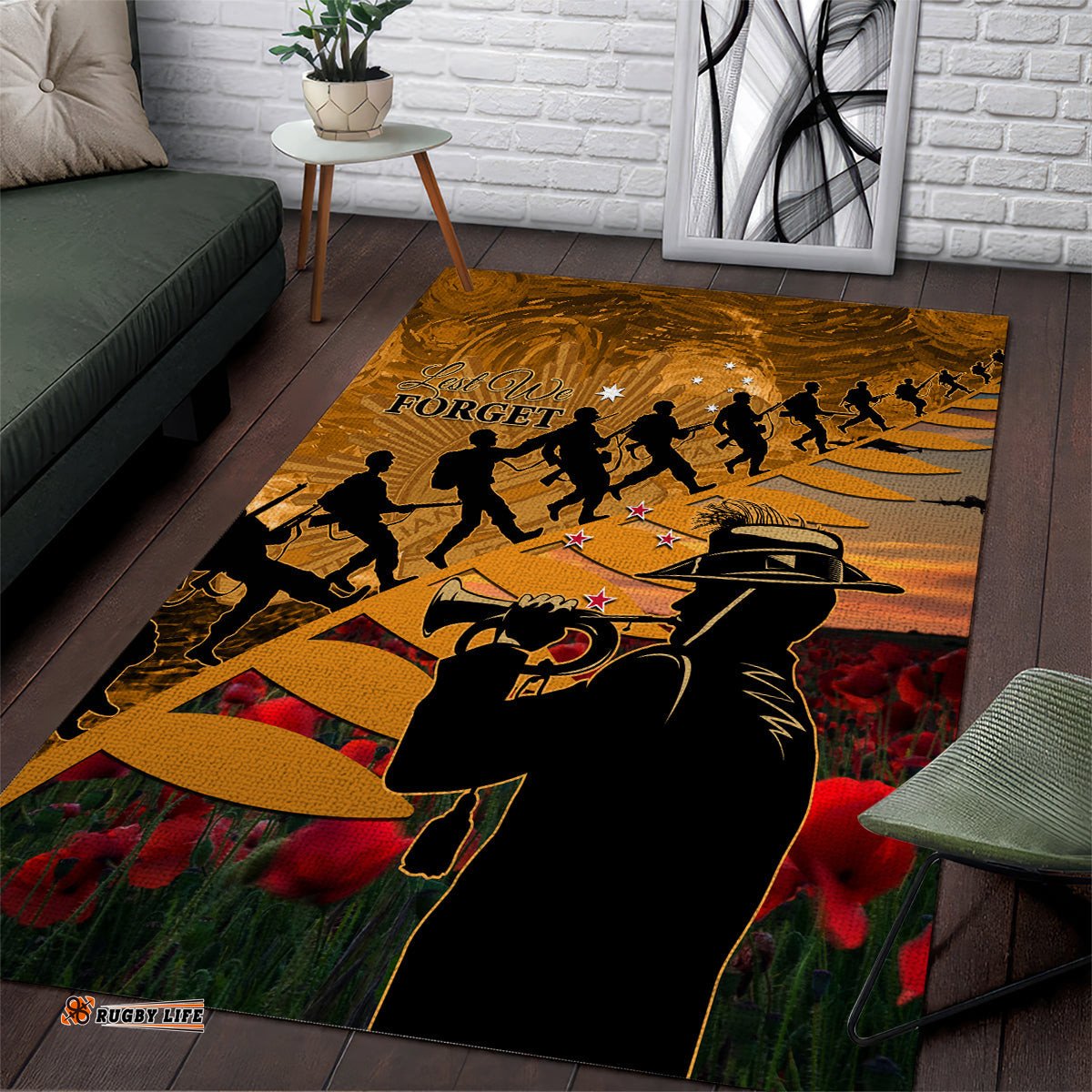 ANZAC Day 2024 Area Rug Silver Fern With A Trumpet Soldier