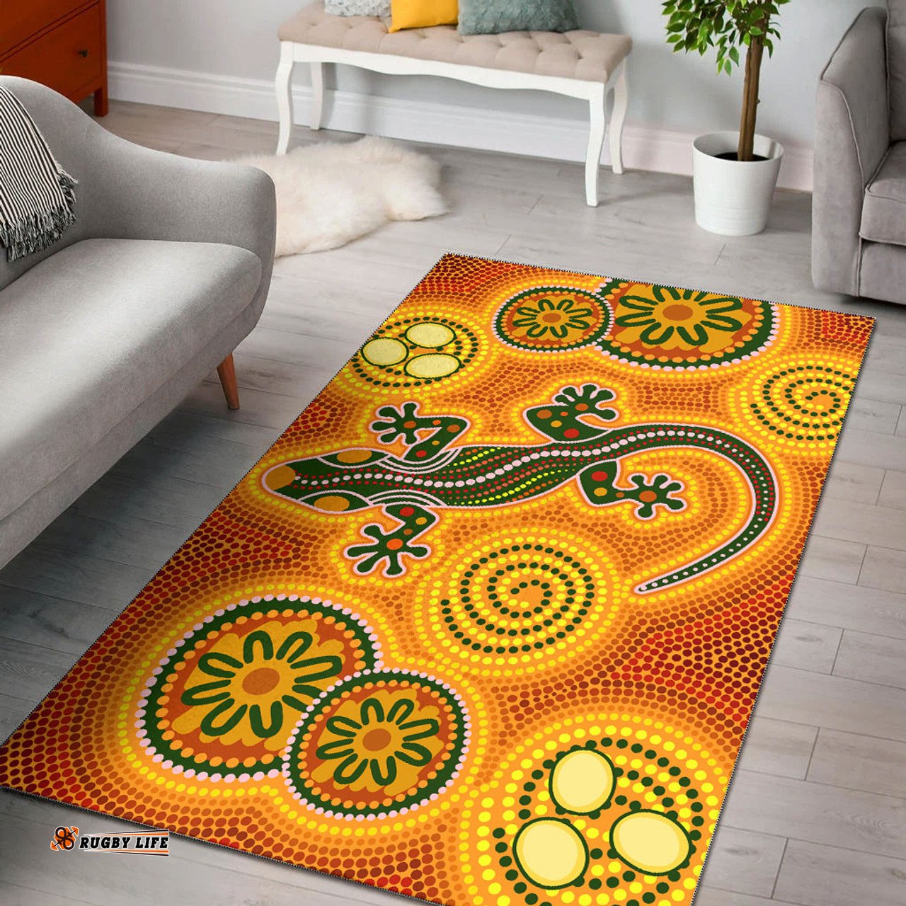 Australia Aboriginal Inspired Area Rug - Aboriginal Inspired dot art background with lizard
