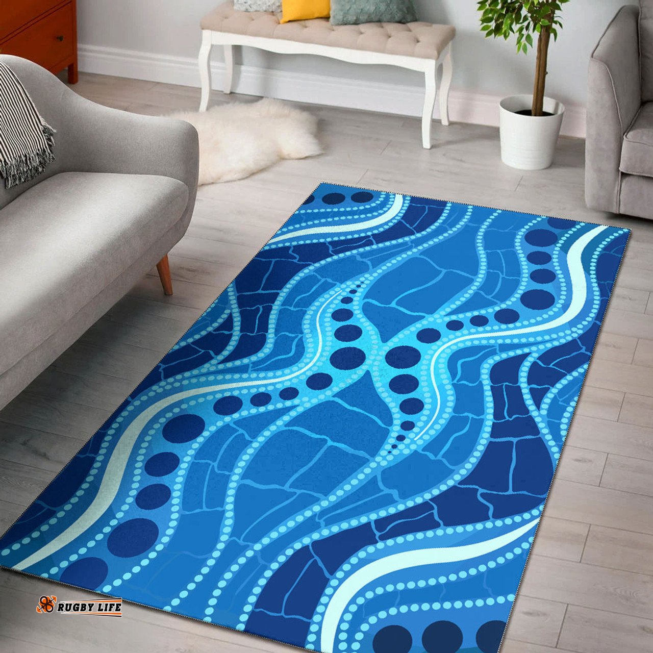 Australia Aboriginal Inspired Area Rug - Aboriginal Inspired dot art painting Blue River concept