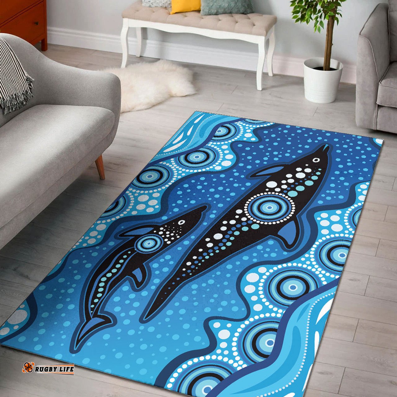 Australia Aboriginal Inspired Area Rug - Aboriginal Inspired dot art design with mother and baby dolphin