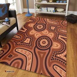 Australia Dot Painting Inspired Aboriginal Area Rug - Brown Aboriginal Australian Art With Boomerang Area Rug