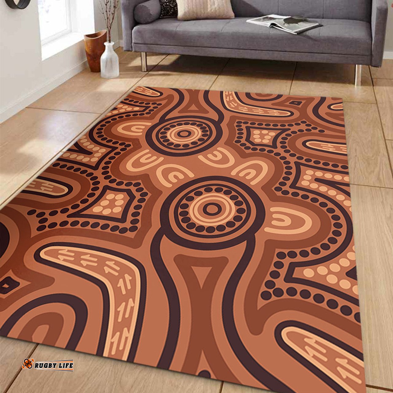 Australia Dot Painting Inspired Aboriginal Area Rug - Brown Aboriginal Australian Art With Boomerang Area Rug