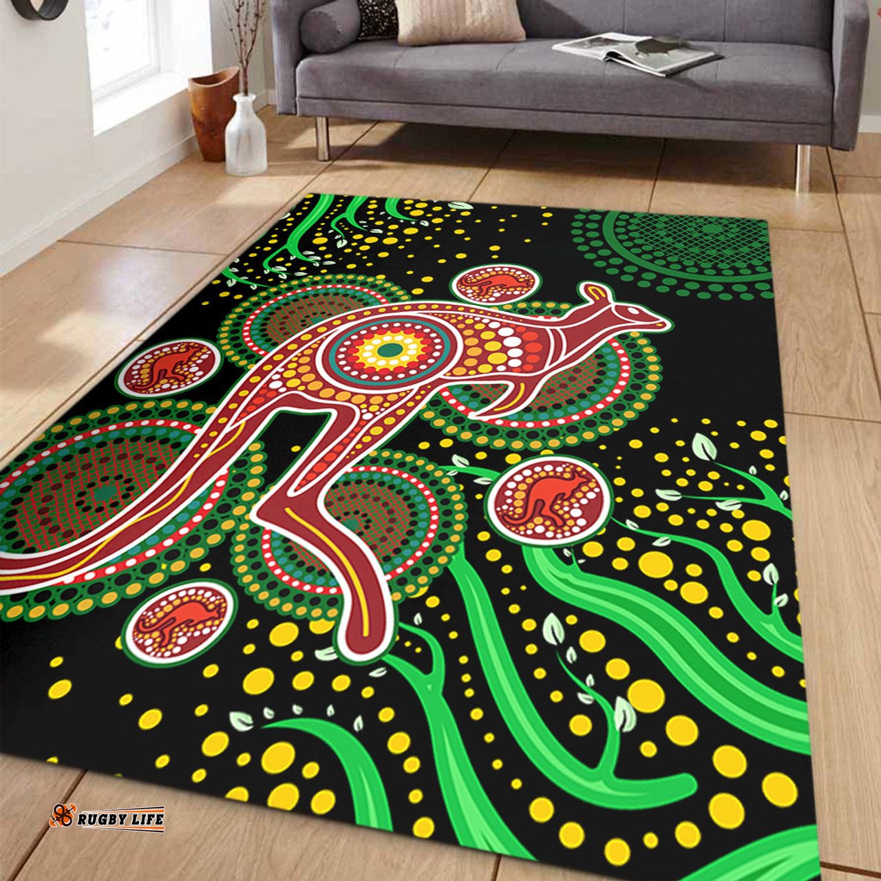 Australia Animals Aboriginal Area Rug - Aboriginal Plant With Kangaroo Colorful Art Area Rug