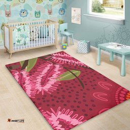 Australia Flowers Aboriginal Area Rug - Pink Bottle Brush Flora In Indigenous Painting Area Rug