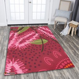 Australia Flowers Aboriginal Area Rug - Pink Bottle Brush Flora In Indigenous Painting Area Rug