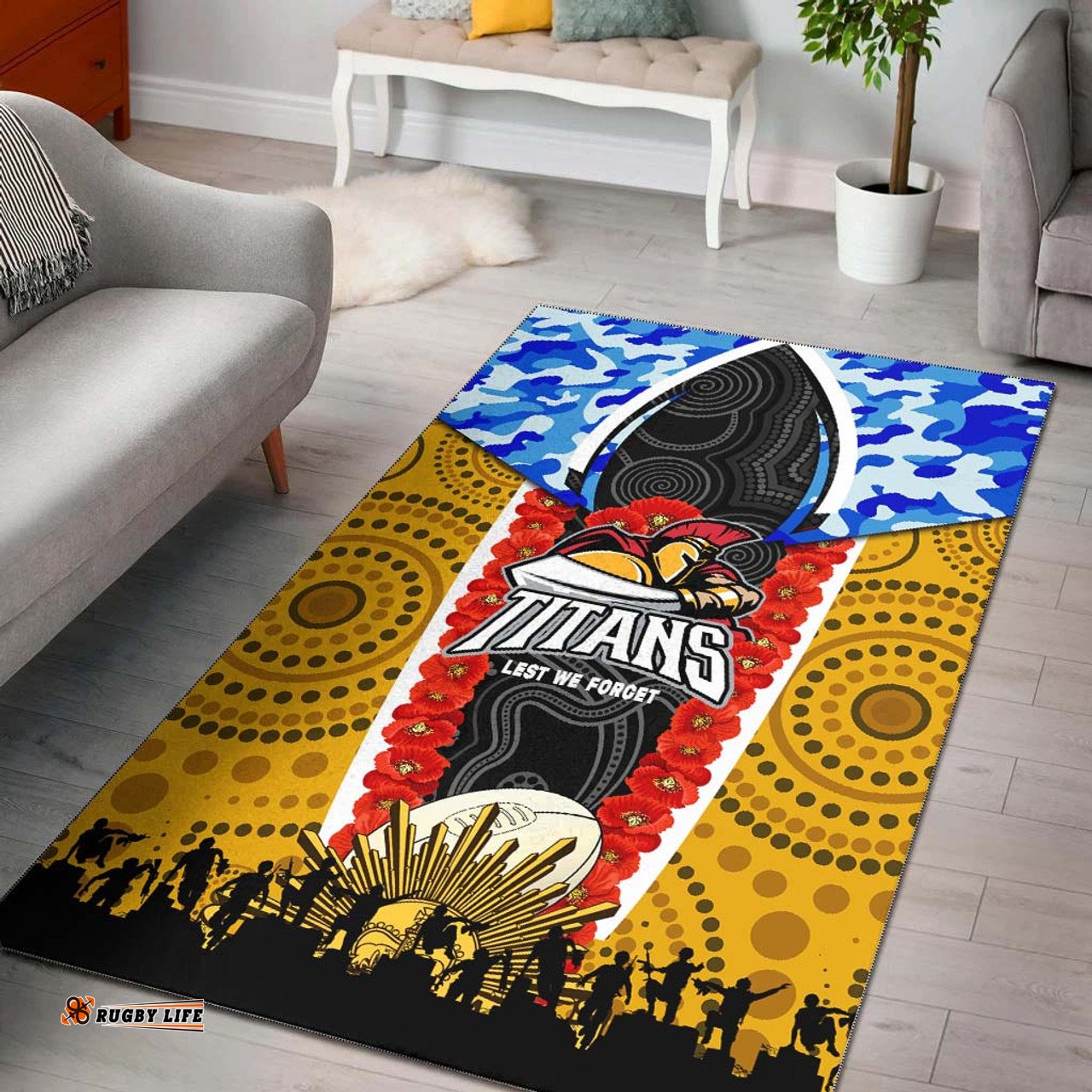 Gold Coast Titans Anzac Aboriginal Inspired Rug - Gold Coast Titans with Poppy Watercolor Flower Rug
