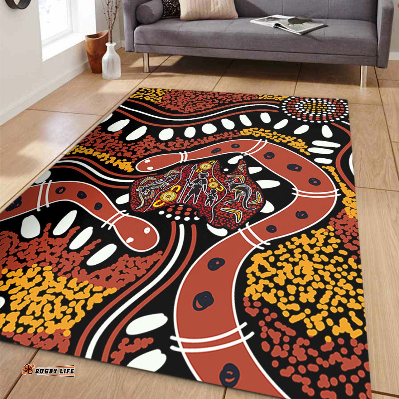 Australia Rainbow Serpent Aboriginal Area Rug - Aboriginal Dot Art Snake Artwork Area Rug