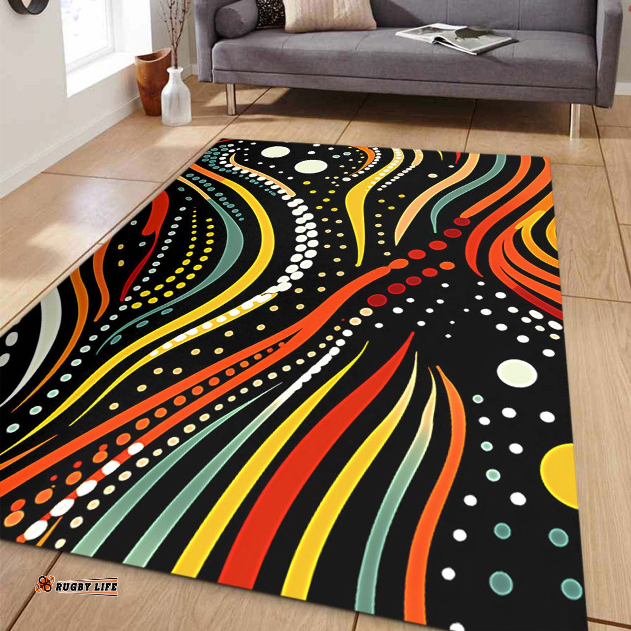 Australia Aboriginal Area Rug - Traditional Australian Aboriginal Native Design (Black) Area Rug