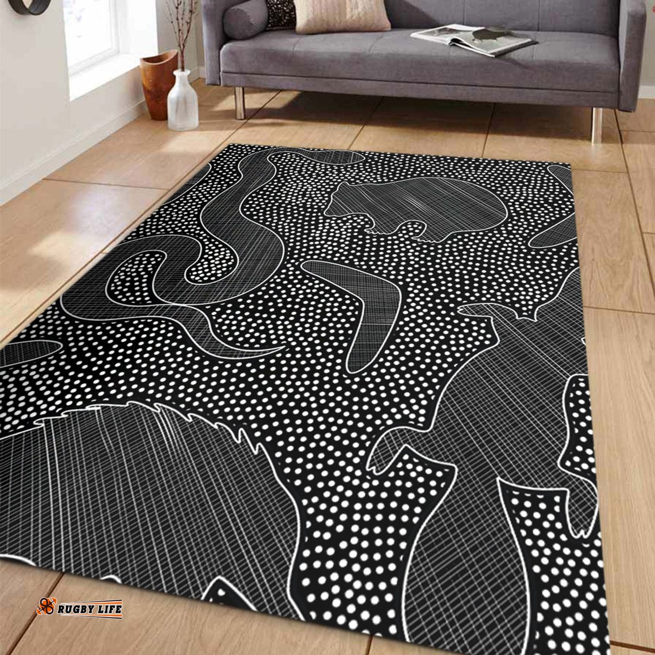 Australia Dot Painting Inspired Aboriginal Area Rug - Aboriginal Dot Grey Art With Animals Area Rug