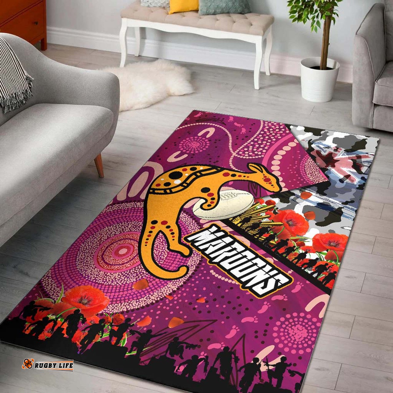 Maroons Rugby Anzac Aboriginal Inspired Area Rug - Maroons Aboriginal Inspired Pattern with Anzac Day Poppy Flower Area Rug