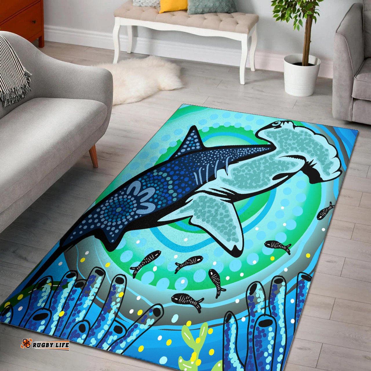 Australia Aboriginal Inspired Area Rug - Hammerhead shark Aboriginal Inspired art