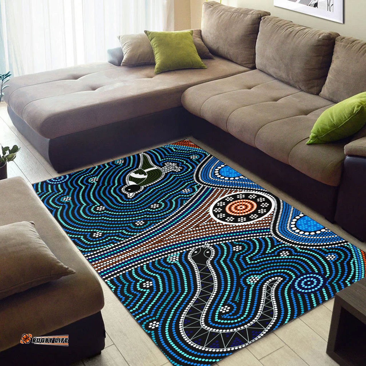 Australia Aboriginal Inspired Area Rug - Aboriginal Inspired dot painting depicting Fierce Snake and Magpies