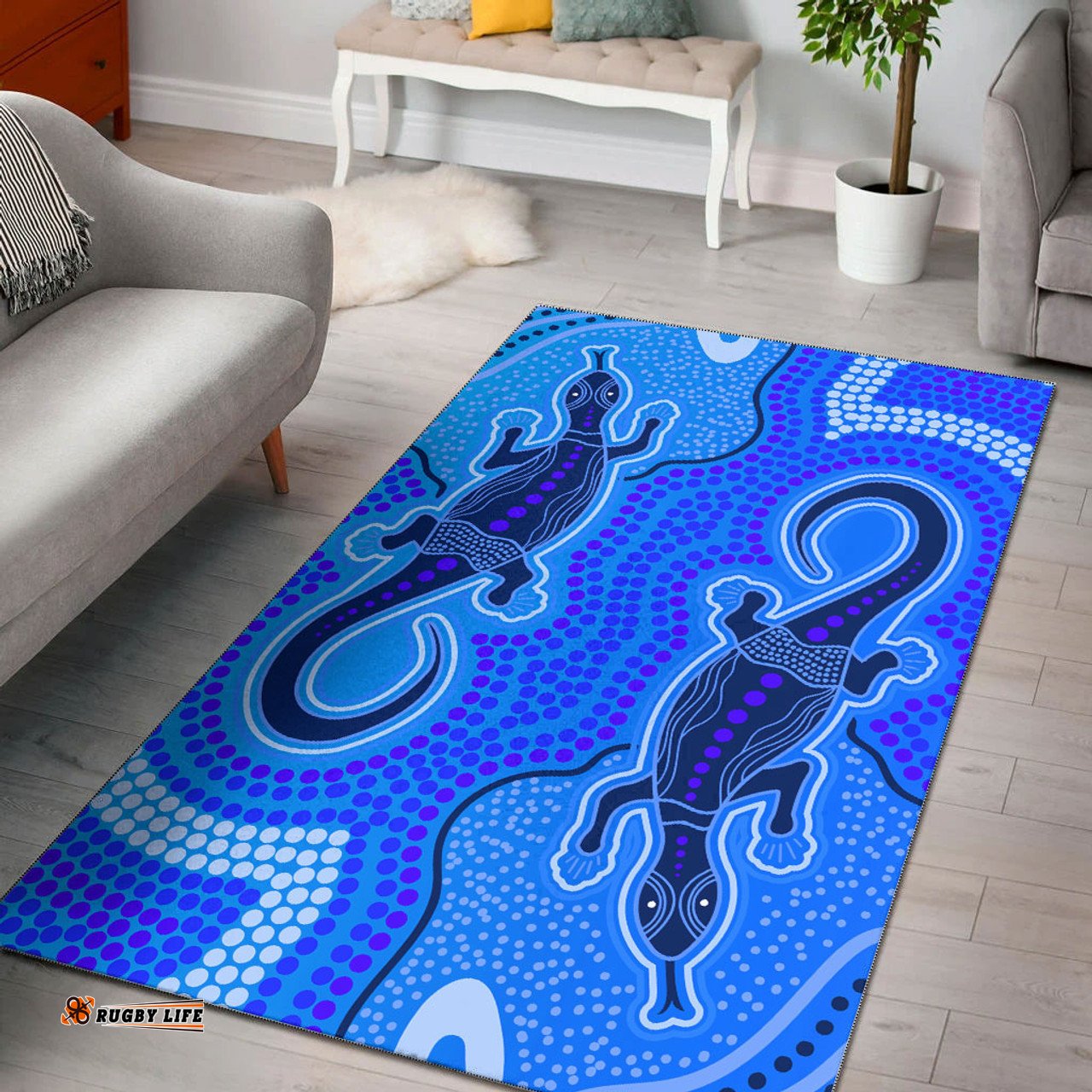 Australia Aboriginal Inspired Area Rug - Aboriginal Inspired dot lizard art illustration blue