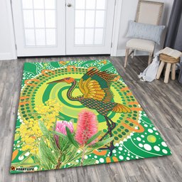 Australia Aboriginal Area Rug - Brolga Bird Dancing With Australia Native Flowers V2 Area Rug