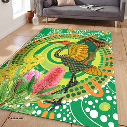 Australia Aboriginal Area Rug - Brolga Bird Dancing With Australia Native Flowers V2 Area Rug