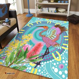 Australia Aboriginal Area Rug - Brolga Bird Dancing With Australia Native Flowers V3 Area Rug