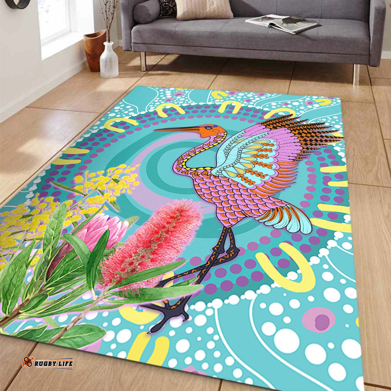 Australia Aboriginal Area Rug - Brolga Bird Dancing With Australia Native Flowers V3 Area Rug