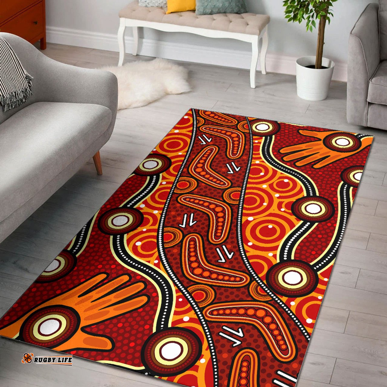 Australia Aboriginal Inspired Area Rug - Aboriginal Inspired Dot Art Painting With Handprints