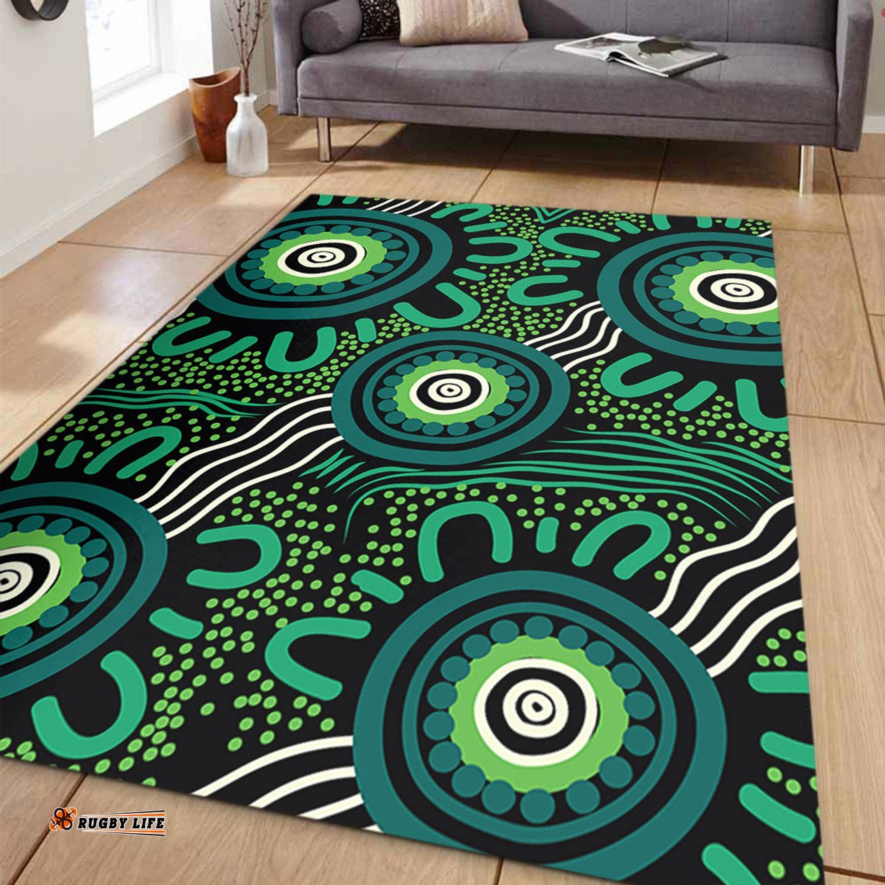 Australia Aboriginal Area Rug - Green Aboriginal Dot Art Background Area Rug